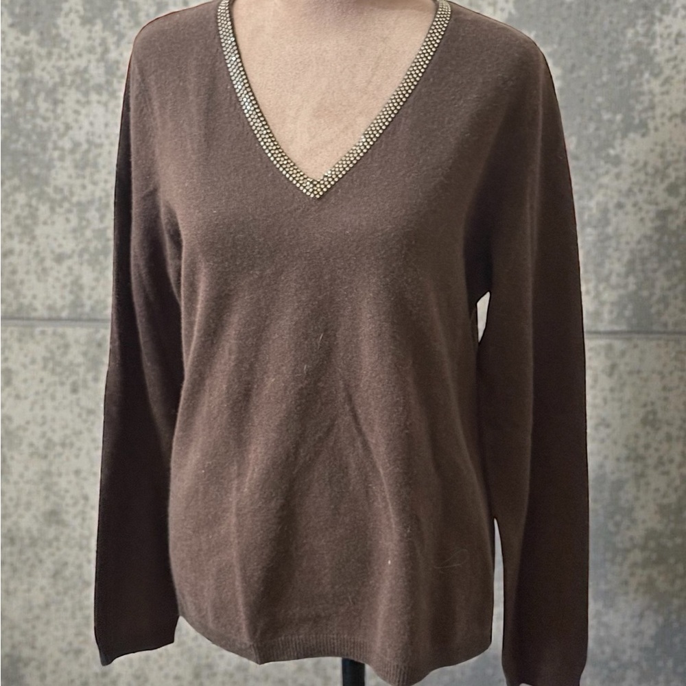 Peck & Peck Brown Cashmere V-Neck Sweater with Beaded Trim